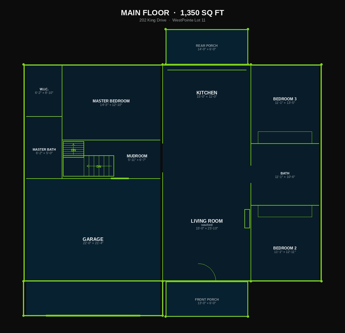 Main floor plan — 1,350 sq ft finished above grade. Garage left, living and kitchen center, bedrooms right.