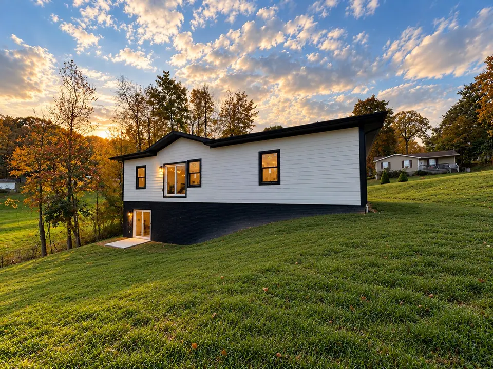 Side of 202 King Drive at sunset, with lawn and walk-out basement door