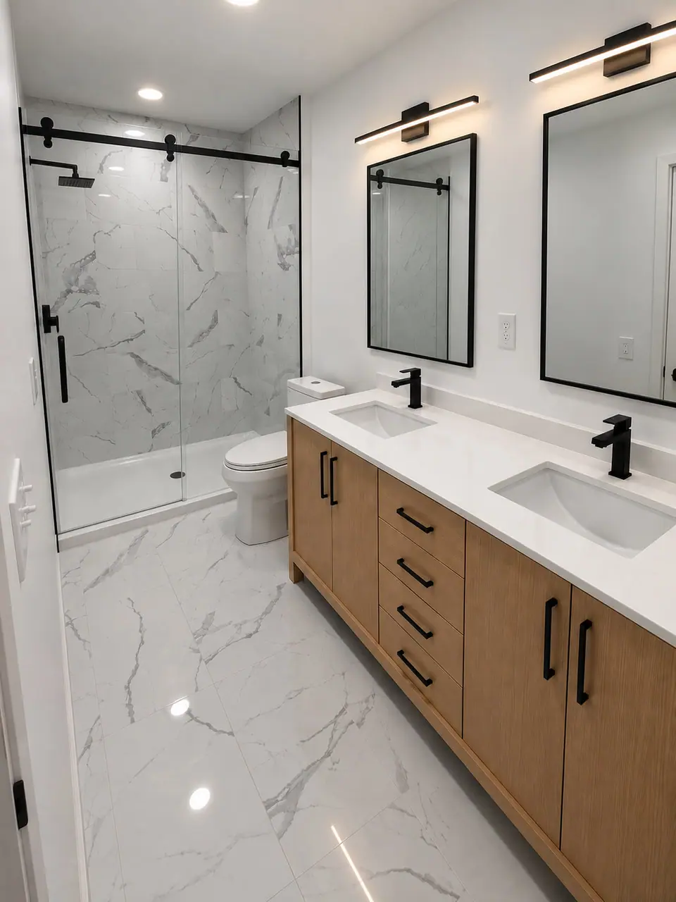 Primary bath with sliding glass shower, marble-look tile, double sinks and wood vanity